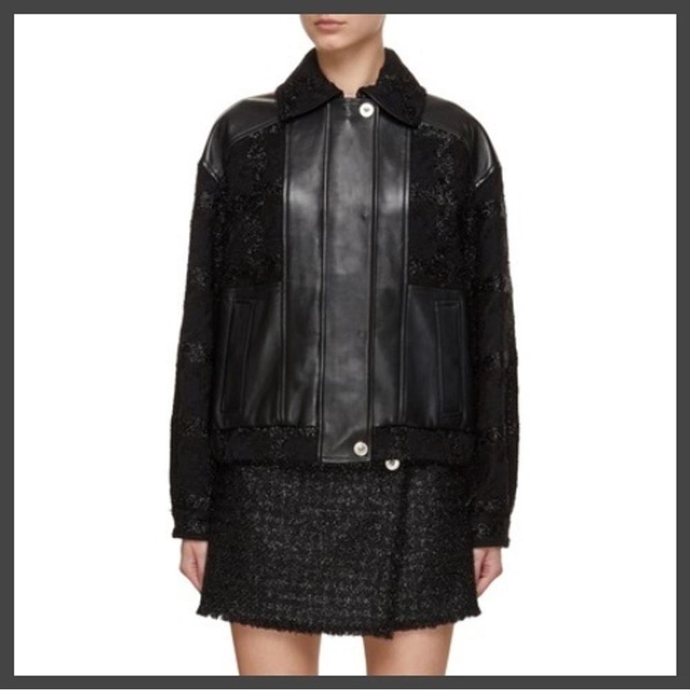 VERSACE MACRO CHECK LUREX TWEED LEATHER BLOUSON JACKET